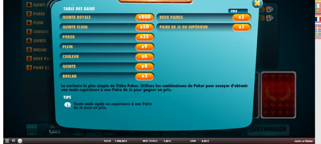 Combinaisons video Poker